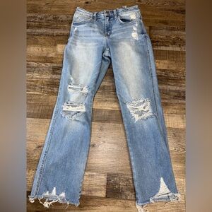 Flying Monkey High Rise Cropped Straight Jeans Distressed Raw Hem Light Wash Y2K